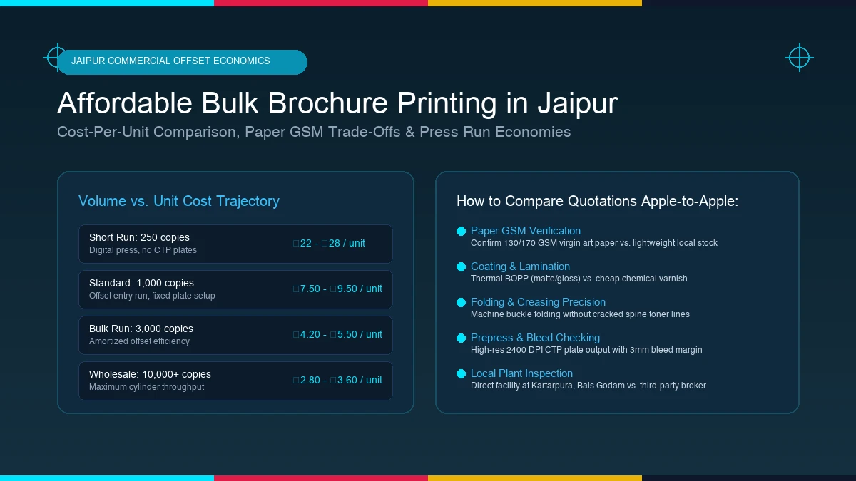 Commercial bulk brochure printing press in Jaipur Rajasthan showing stacked multi-fold marketing brochures