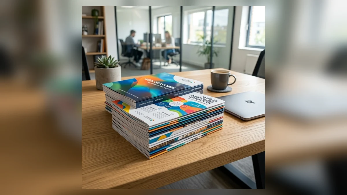 Side-by-side comparison of multi-fold corporate brochures vs bound product catalogues