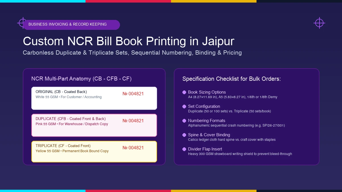 Custom NCR bill books in duplicate and triplicate sets printed in Jaipur showing sequential numbering and perforated sheets