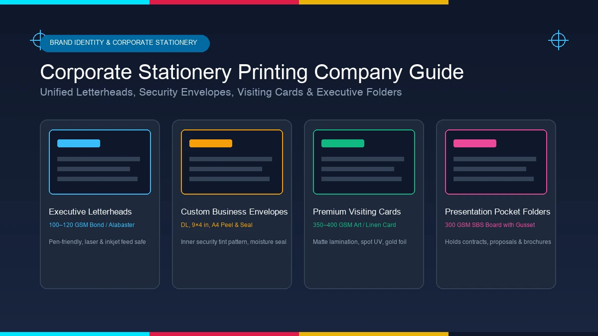 Corporate stationery printing set including executive letterheads, branded envelopes, visiting cards, and presentation folders in India
