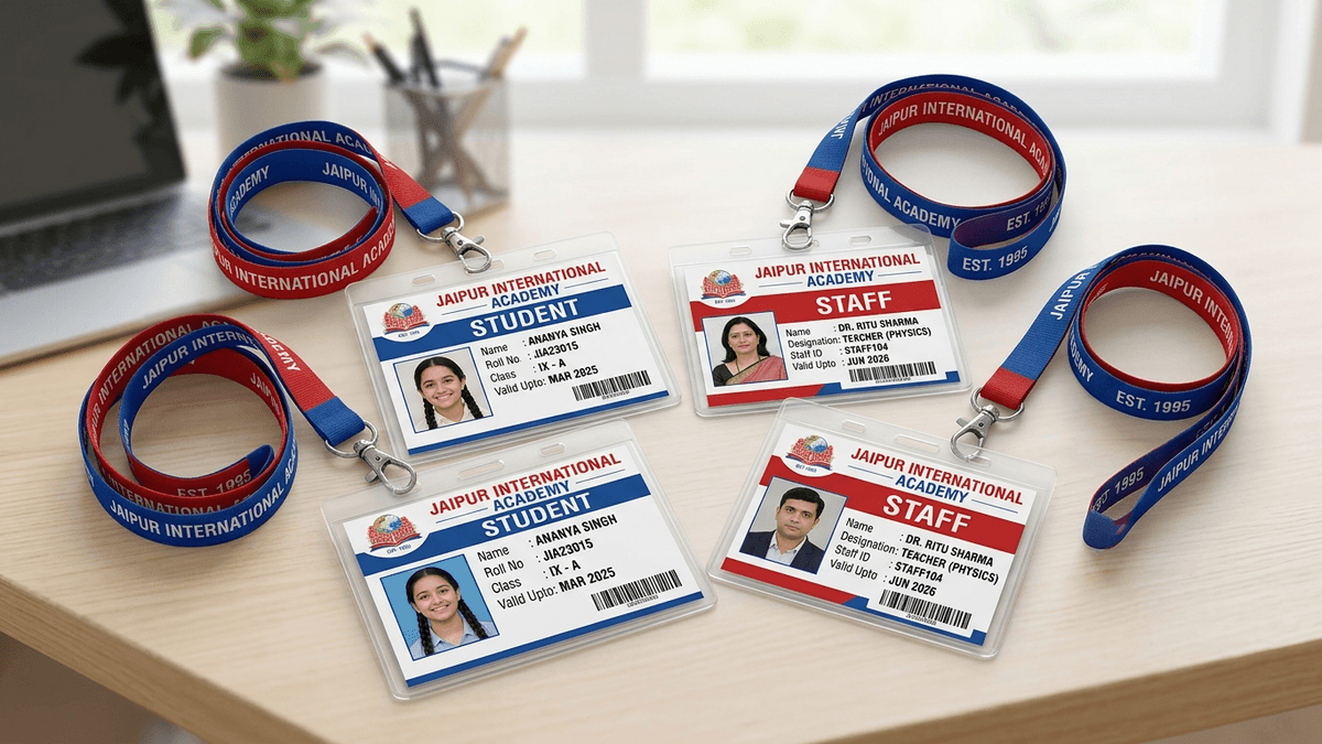 School student identity cards with school logos, student photographs and class details prepared for an educational institution in Jaipur.